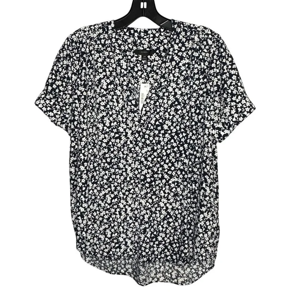 J. Crew Navy White Ditzy Floral Popover Cuff Short Sleeve Blouse Top Size XS New